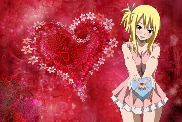 Anime picture 3000x2008 with fairy tail lucy heartfilia lworldchiefl altair-ezio single long hair blush highres open mouth blonde hair smile brown eyes ponytail coloring side ponytail valentine girl dress flower (flowers) bow