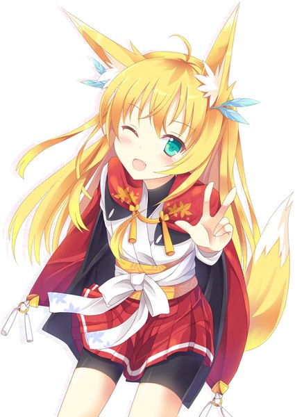 Anime picture 1000x1412 with original nibiiro shizuka single long hair tall image blush open mouth blonde hair simple background white background green eyes one eye closed wink fox ears fox tail fox girl victory girl obi
