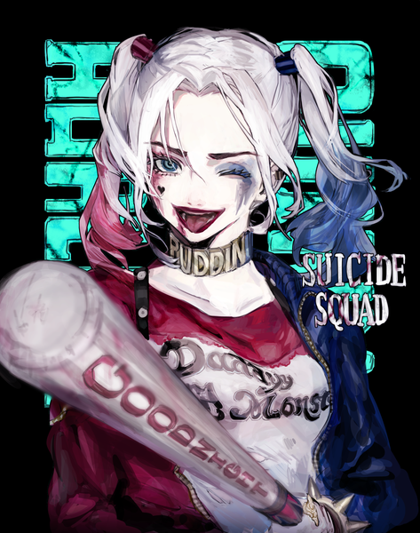 Anime picture 1952x2479 with batman suicide squad dc comics harley queen ozyako single long hair tall image looking at viewer highres blue eyes smile twintails upper body white hair one eye closed multicolored hair wink inscription lipstick