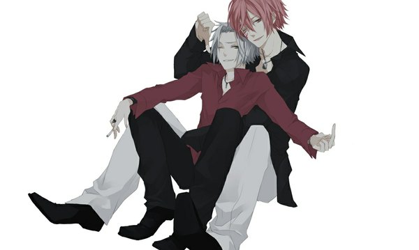 Anime picture 1001x600 with katekyou hitman reborn gokudera hayato g (khr) iccan looking at viewer short hair open mouth simple background smile wide image white background sitting green eyes pink hair head tilt one eye closed pink eyes wink grey hair multiple boys