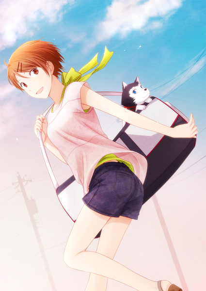Anime picture 730x1030 with kuroko no basket production i.g tetsuya no.2 aida riko arya (artist) single tall image looking at viewer short hair open mouth brown hair holding brown eyes sky cloud (clouds) bare legs alternate costume legs happy girl