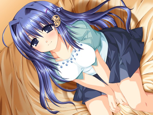 Anime picture 1200x900 with a profile (game) souma miou yasuyuki alpha (yukai na nakamatachi) single long hair looking at viewer blush blue eyes smile sitting blue hair ahoge pleated skirt light smile girl skirt hairclip bobby pin