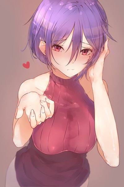 Anime picture 1500x2250 with original hplay (kyoshinou) single tall image looking at viewer blush fringe short hair breasts light erotic simple background hair between eyes red eyes large breasts standing bare shoulders purple hair upper body grey background mole