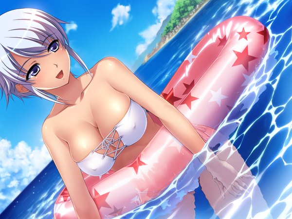 Anime picture 1024x768 with berochu! nakano sora blush short hair breasts open mouth light erotic purple eyes game cg white hair girl swimsuit water swim ring