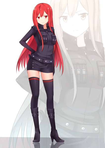 Anime picture 1000x1414 with mmrailgun single long hair tall image fringe breasts red eyes standing red hair high heels zettai ryouiki hand on hip reflection zoom layer girl thighhighs black thighhighs boots knee boots