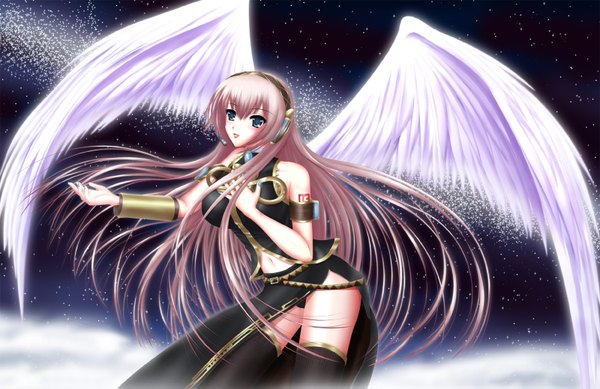 Anime picture 1600x1039 with vocaloid megurine luka nohoho (kakikonchi) single long hair blue eyes pink hair midriff girl thighhighs navel black thighhighs wings headphones