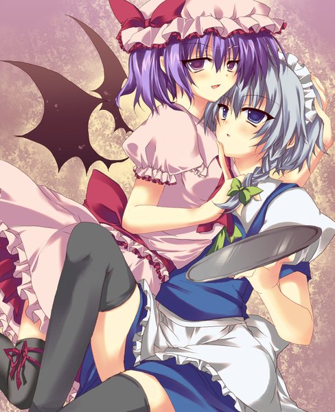 Anime picture 1433x1761 with touhou remilia scarlet izayoi sakuya kiseri momo tall image short hair blue eyes purple eyes multiple girls silver hair purple hair braid (braids) teeth maid fang (fangs) twin braids bat wings girl thighhighs bow