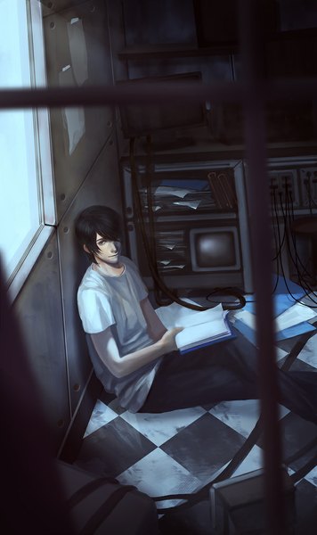 Anime picture 600x1009 with sentou yousei yukikaze tagme (character) peach (marslave) single tall image fringe short hair black hair sitting black eyes hair over one eye checkered floor boy window book (books) wire (wires) paper television