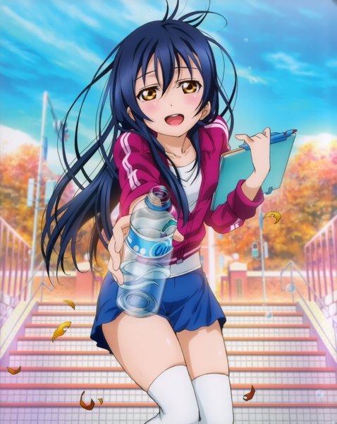 Anime picture 3228x4053 with love live! school idol project sunrise (studio) love live! sonoda umi single long hair tall image looking at viewer blush highres open mouth brown eyes blue hair absurdres scan official art girl thighhighs white thighhighs leaf (leaves)