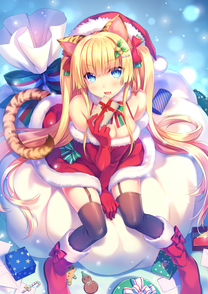 Anime picture 707x1000 with original riv single long hair tall image looking at viewer blush fringe open mouth blue eyes light erotic blonde hair smile sitting twintails animal ears payot tail blunt bangs :d