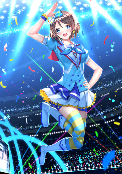 Anime picture 1102x1560 with love live! sunshine!! sunrise (studio) love live! watanabe you swordsouls single tall image looking at viewer blush short hair brown hair full body bent knee (knees) head tilt pleated skirt arm up short sleeves zettai ryouiki puffy sleeves happy