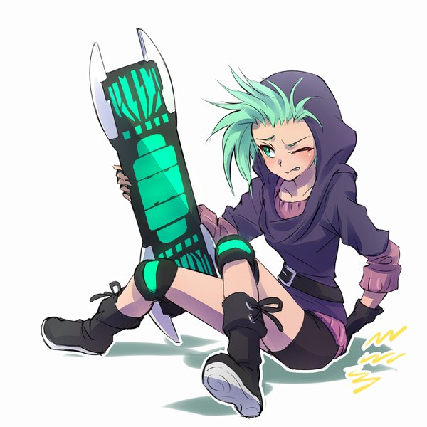 Anime picture 1500x1500 with rwby rooster teeth reese chloris iesupa single simple background white background green eyes looking away full body one eye closed green hair spiked hair outline wince pain girl shorts boots belt
