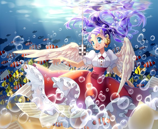 Anime picture 1200x978 with sougishi ego single long hair open mouth blue eyes twintails purple hair sunlight reflection underwater angel wings singing music treble clef girl dress wings water bubble (bubbles) fish (fishes)