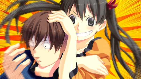 Anime picture 1024x576 with suigetsu 2 long hair short hair black hair brown hair wide image twintails game cg black eyes couple girl boy