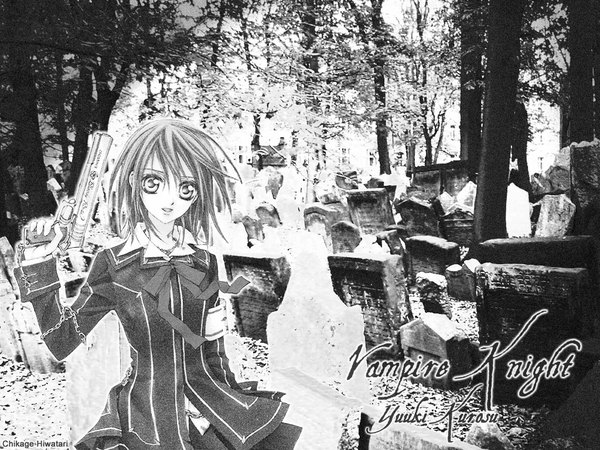 Anime picture 1024x768 with vampire knight studio deen cross yuki hino matsuri single looking at viewer short hair standing signed outdoors copyright name character names monochrome third-party edit girl weapon gun pistol tombstone