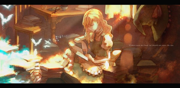 Anime picture 1674x821 with touhou kirisame marisa cosmic (crownclowncosmic) single long hair blonde hair wide image sitting profile sunlight inscription puffy sleeves glowing letterboxed witch reading girl hat animal food