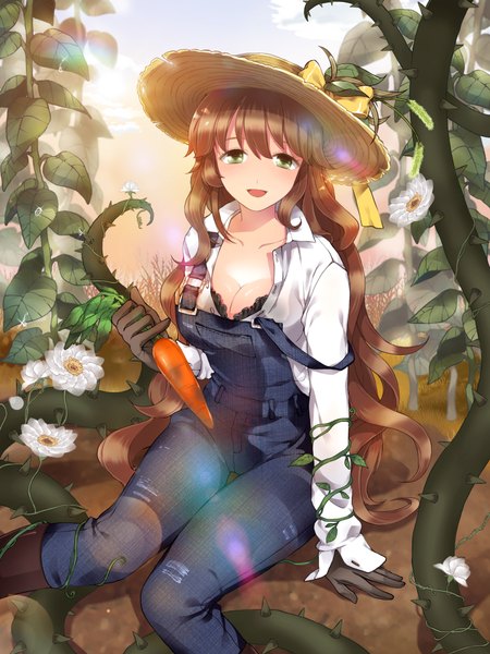 Anime picture 1500x2000 with original ice (ice aptx) single long hair tall image looking at viewer brown hair green eyes wavy hair girl flower (flowers) plant (plants) hat vegetables carrot overalls