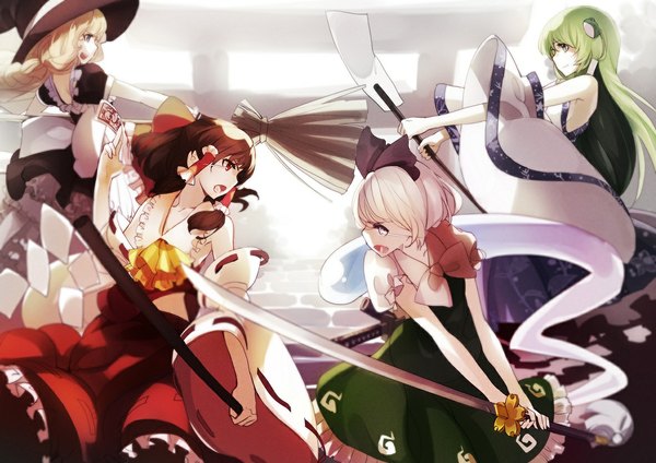 Anime picture 1180x834 with touhou hakurei reimu kirisame marisa konpaku youmu kochiya sanae myon lia-sama long hair fringe short hair open mouth blue eyes blonde hair smile red eyes brown hair bare shoulders multiple girls green eyes white hair