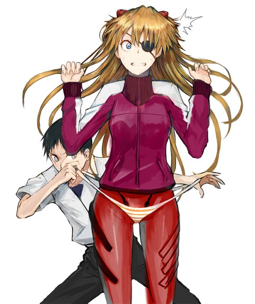 Anime picture 839x1000 with neon genesis evangelion rebuild of evangelion evangelion: 3.0 you can (not) redo gainax soryu asuka langley shikinami asuka langley ikari shinji hidezi long hair tall image fringe breasts blue eyes black hair simple background brown hair standing white background girl boy