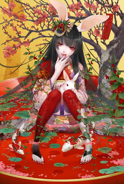 Anime picture 675x1000 with original yoshiyuki asajima single long hair tall image looking at viewer fringe black hair red eyes sitting animal ears long sleeves very long hair nail polish traditional clothes head tilt japanese clothes lips bunny ears cherry blossoms