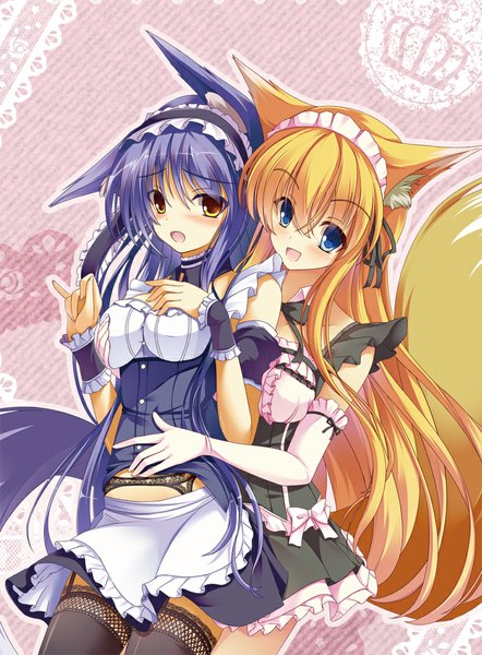 Anime picture 738x1000 with original takataka long hair tall image blush open mouth blue eyes light erotic blonde hair multiple girls animal ears yellow eyes blue hair tail animal tail maid hug fox ears fox tail fox girl