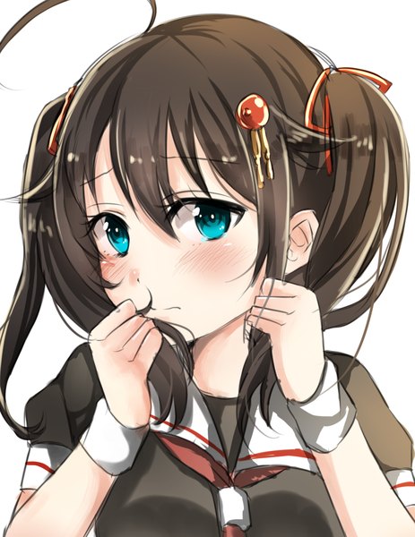 Anime picture 1025x1326 with kantai collection shigure destroyer mashiro aa single long hair tall image looking at viewer blush blue eyes black hair simple background white background twintails ahoge alternate hairstyle remodel (kantai collection) girl hair ornament sailor suit wristlet