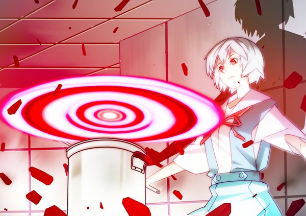 Anime picture 2828x1997 with neon genesis evangelion rebuild of evangelion evangelion: 2.0 you can (not) advance gainax ayanami rei single highres short hair red eyes white hair shadow magic spread arms cooking girl uniform school uniform at field