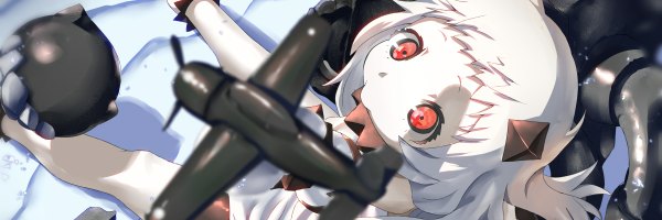 Anime picture 1200x400 with kantai collection northern ocean hime floating fortress tsuuhan single long hair looking at viewer fringe red eyes wide image sitting white hair from above shinkaisei-kan albino girl aircraft airplane