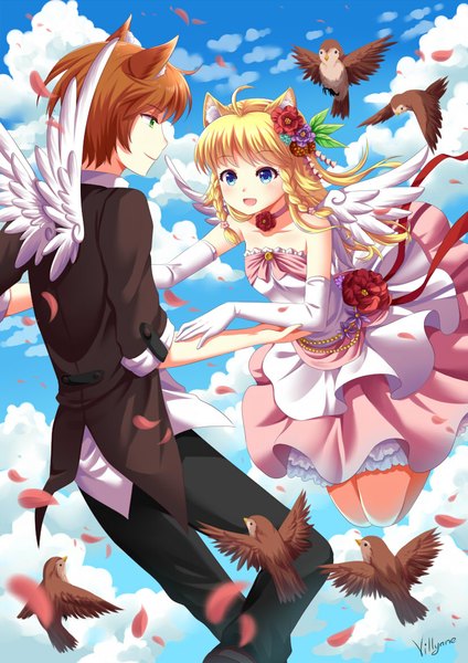 Anime picture 826x1169 with original villyane long hair tall image short hair open mouth blue eyes blonde hair brown hair green eyes animal ears sky cloud (clouds) hair flower couple girl boy gloves hair ornament flower (flowers)