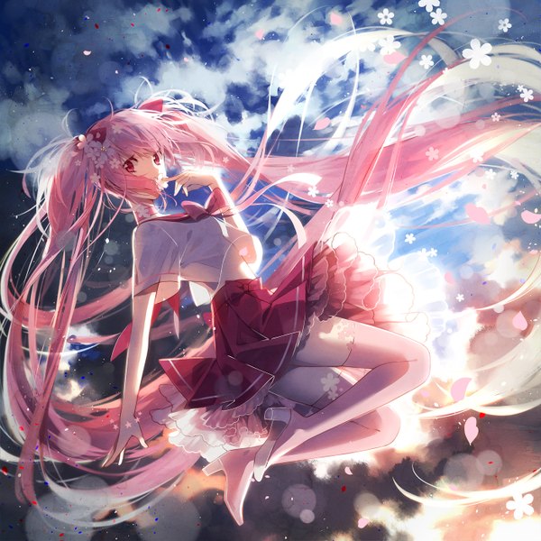 Anime picture 1400x1400 with vocaloid hatsune miku sakura miku hakusai (tiahszld) single looking at viewer red eyes twintails pink hair sky cloud (clouds) very long hair hair flower see-through silhouette girl thighhighs skirt hair ornament flower (flowers) petals