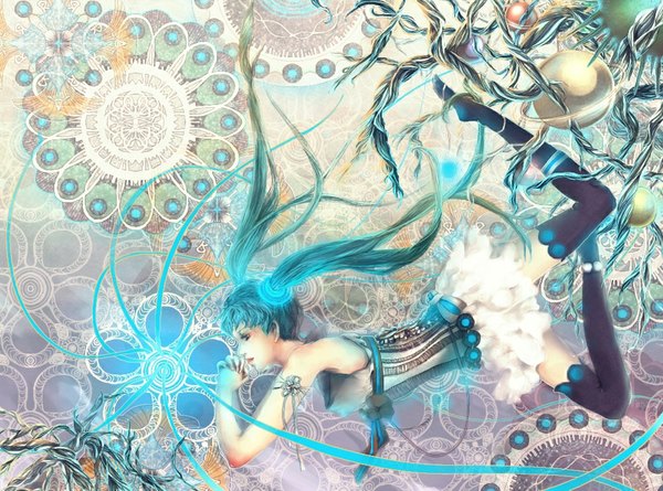 Anime picture 1024x760 with vocaloid hatsune miku ras (ras0331) single blue eyes twintails bare shoulders blue hair very long hair girl thighhighs skirt ribbon (ribbons)