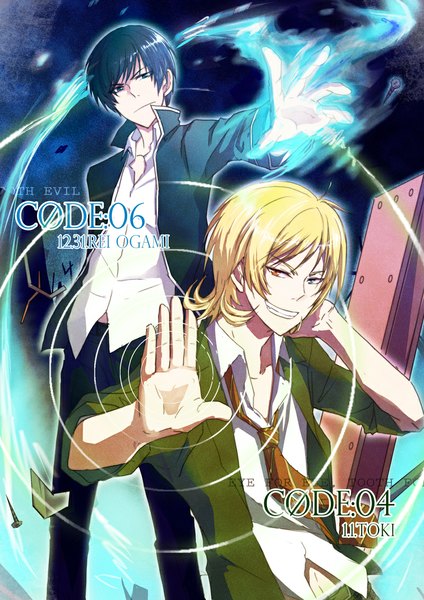 Anime picture 800x1132 with code: breaker kinema citrus ogami rei fujiwara toki tall image looking at viewer fringe short hair blue eyes blonde hair smile standing blue hair light smile inscription from below heterochromia glowing happy uniform