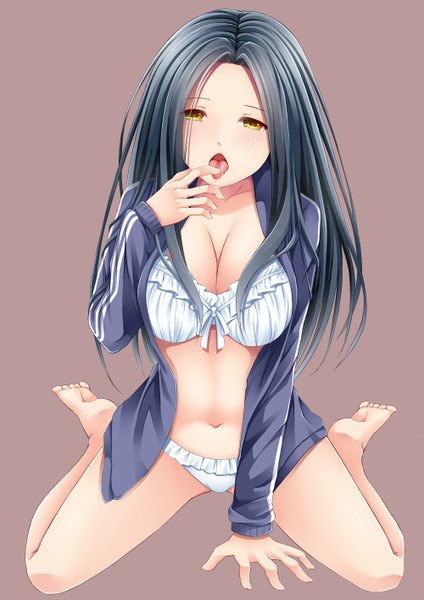 Anime picture 1000x1414 with original creek (moon-sky) single long hair tall image breasts open mouth light erotic black hair large breasts yellow eyes cleavage open clothes open jacket girl underwear panties jacket lingerie bra