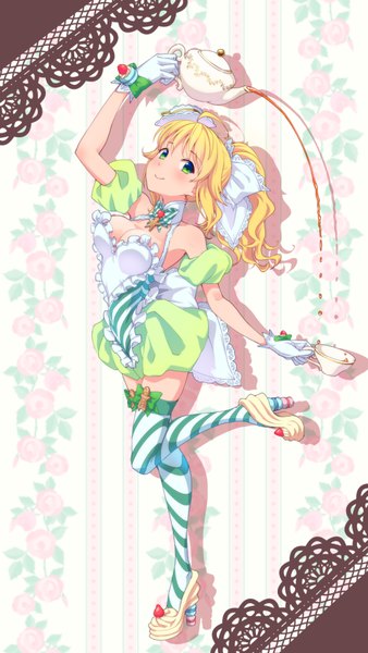 Anime picture 525x931 with idolmaster hoshii miki maru (sara duke) single long hair tall image looking at viewer blush fringe breasts light erotic blonde hair smile standing bare shoulders green eyes cleavage full body bent knee (knees) ponytail