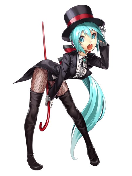 Anime picture 768x1024 with vocaloid hatsune miku nakasaki hydra single tall image looking at viewer open mouth simple background white background ponytail very long hair aqua eyes aqua hair girl hat thigh boots cane