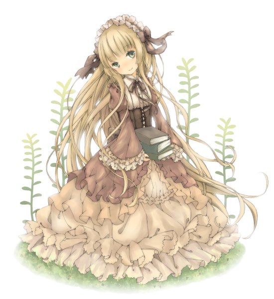 Anime picture 1100x1200 with gosick studio bones victorique de blois aquariumtama single long hair tall image looking at viewer blonde hair white background yellow eyes girl dress bow frills headdress book (books)