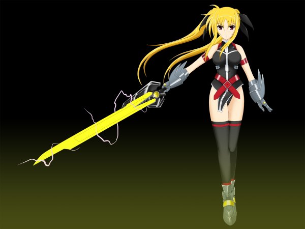 Anime picture 2400x1800 with mahou shoujo lyrical nanoha mahou shoujo lyrical nanoha strikers fate testarossa bardiche long hair highres blonde hair red eyes twintails girl thighhighs gloves ribbon (ribbons) hair ribbon sword belt armband gauntlets energy sword makomako