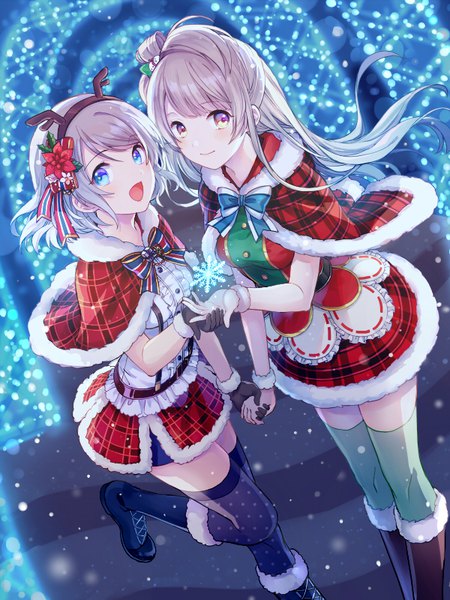 Anime picture 600x800 with love live! school idol project love live! sunshine!! love live! school idol festival sunrise (studio) love live! minami kotori watanabe you rio.lw long hair tall image fringe short hair open mouth blue eyes standing multiple girls silver hair :d grey hair dutch angle