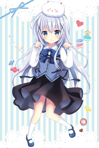 Anime picture 684x1023 with gochuumon wa usagi desu ka? white fox kafuu chino tippy (gochiusa) mayo (miyusa) single long hair tall image looking at viewer blush fringe blue eyes hair between eyes standing silver hair full body bent knee (knees) :o loli striped background