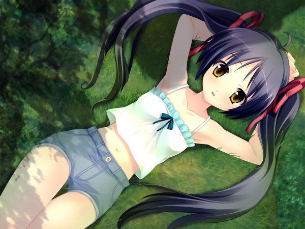 Anime picture 1200x900 with black hair twintails yellow eyes game cg lying girl shorts