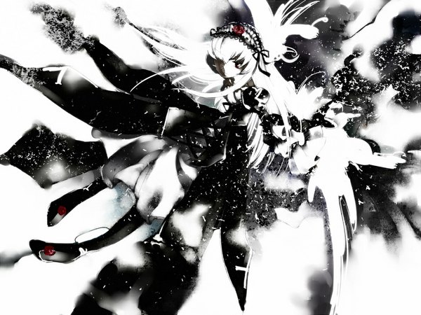 Anime picture 1024x768 with rozen maiden suigintou egg (artist) single long hair red eyes white hair monochrome gothic girl dress headdress black dress thigh boots