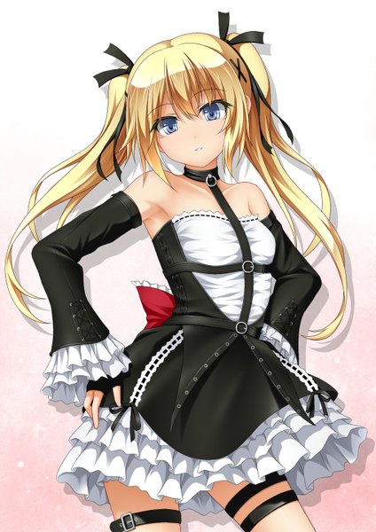 Anime picture 1018x1440 with dead or alive dead or alive 5 marie rose roura single long hair tall image looking at viewer fringe blue eyes blonde hair standing twintails bare shoulders wide sleeves legs hand on hip girl dress hair ornament