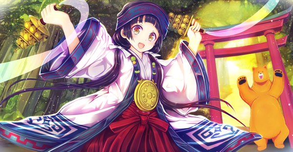 Anime picture 1534x800 with kumamiko amayadori machi natsu (kumamiko) teruru long hair looking at viewer fringe open mouth black hair wide image standing twintails holding brown eyes blunt bangs traditional clothes :d japanese clothes wide sleeves arms up