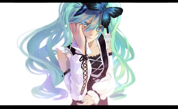 Anime picture 1512x926 with vocaloid hatsune miku momozi (mkingnight) single long hair blush simple background smile wide image white background twintails nail polish aqua eyes aqua hair teeth letterboxed girl dress hair ornament insect