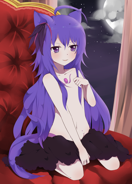 Anime picture 1200x1672 with utau saru to yami single long hair tall image light erotic purple eyes animal ears purple hair ahoge animal tail girl navel