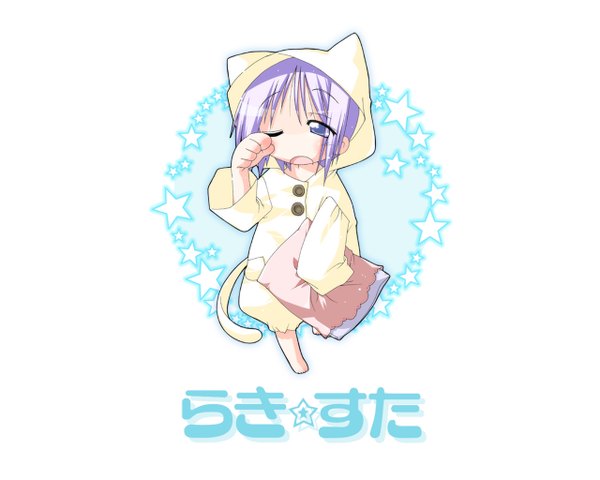 Anime picture 1280x1024 with lucky star kyoto animation hiiragi tsukasa simple background girl pillow pajamas