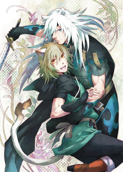 Anime picture 800x1116 with lamento nitro+chiral konoe rai nattsu (pegimin) long hair tall image looking at viewer short hair blue eyes blonde hair animal ears white hair tail animal tail cat ears multiple boys cat tail orange eyes hug