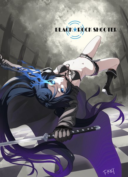 Anime picture 1600x2202 with black rock shooter black rock shooter (character) fkey single long hair tall image blue eyes twintails signed blue hair multicolored hair inscription glowing glowing eye (eyes) checkered floor jumping checkered girl gloves navel