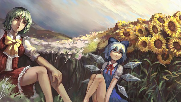 Anime picture 3518x1986 with touhou cirno kazami yuuka jiliang ji ying fringe highres short hair blue eyes red eyes wide image sitting multiple girls blue hair looking away cloud (clouds) bent knee (knees) green hair short sleeves puffy sleeves outstretched arm