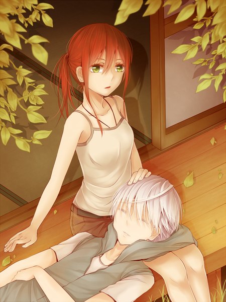 Anime picture 768x1024 with original shinkusora long hair tall image short hair open mouth green eyes white hair ponytail red hair eyes closed from above shadow sleeping girl boy leaf (leaves)